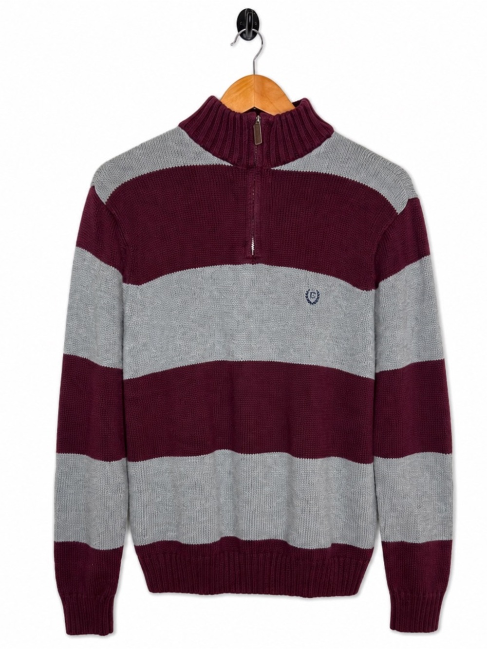 Chaps Men’s L/G Quarter Zip Sweater Burgundy Gray Striped 100% Cotton Pullover